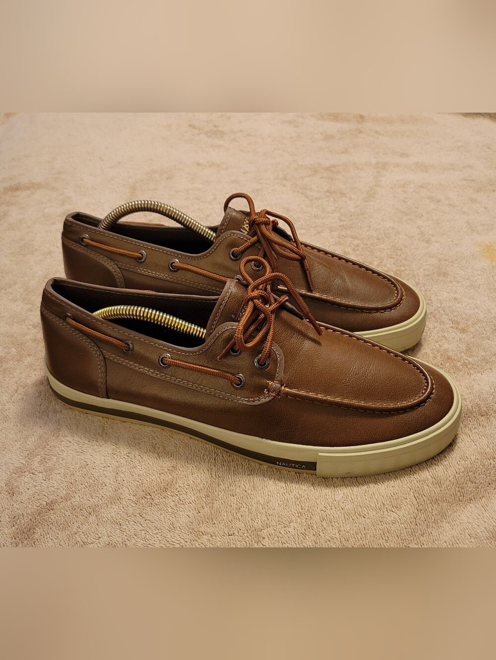Nautica Men's Brown Leather Lace-Up Boat Shoes with Cream Sole